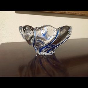 Glass decorative bowl/candy dish with cobalt blue swirl